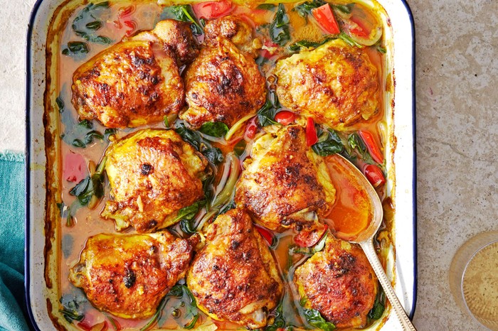 Spiced coconut chicken traybake A one-pan chicken thigh dinner