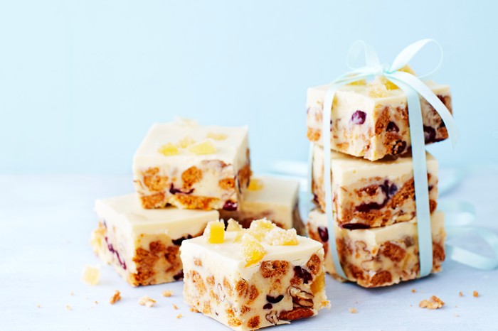 Christmas chocolate tiffin Squares of white chocolate and cranberry tiffin, in a gift formation