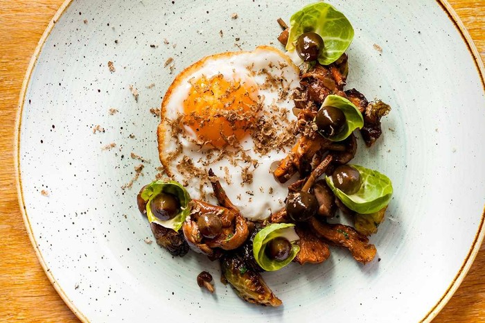 Wild mushrooms, fried duck egg, brussels sprouts, walnut & truffle Wild mushrooms, fried duck egg, brussels sprouts, walnut & truffle