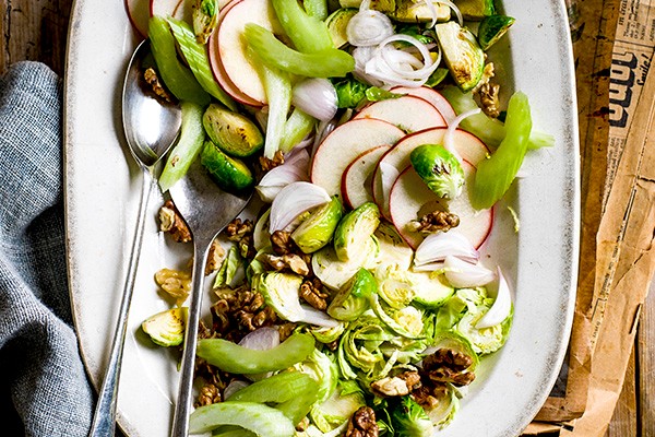 Waldorf Salad Recipe with Brussels Sprouts Waldorf Salad Recipe with Brussels Sprouts served on a oval white serving dish