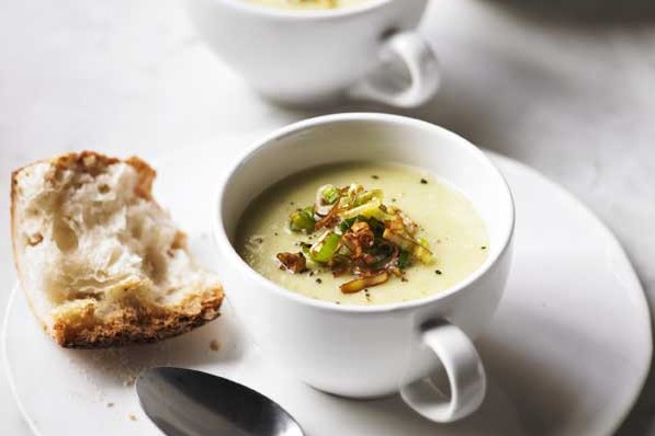 Leek and Potato Soup Recipe Three cups of leek and potato soup, topped with croutons