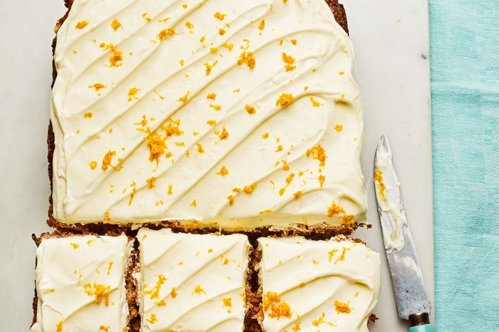 Carrot cake traybake A carrot cake traybake cut into squares