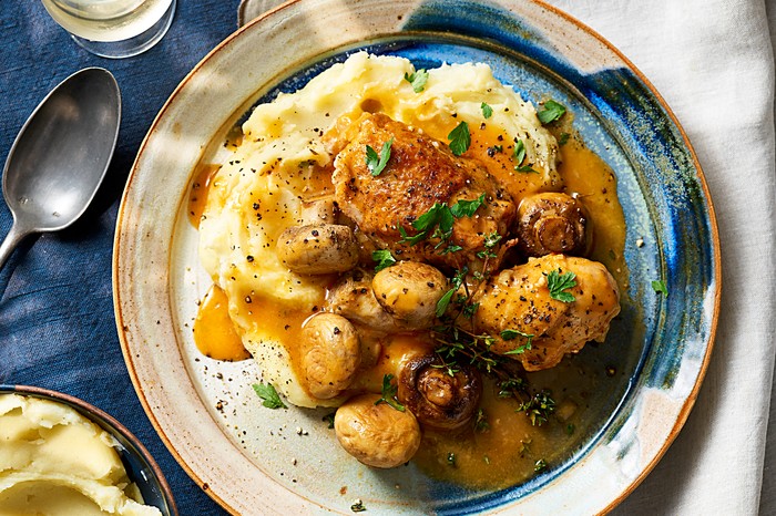 Chicken Chasseur Recipe A chicken chasseur with cheese and roasted garlic mash