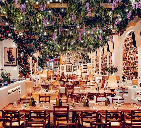 Circolo Popolare Fitzrovia Interiors of Circolo Popolare Fitzrovia wooden tables in bottled-lined walls with foliage hanging from the ceiling