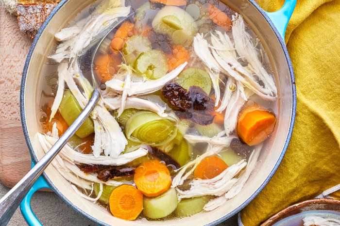 Cock-a-leekie soup Broth soup with chicken, leeks and prunes