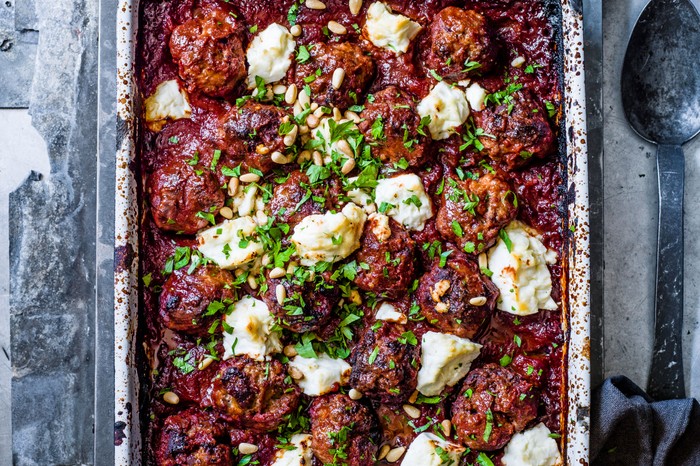 Greek lamb meatball, feta and tomato bake Greek lamb meatball, feta and tomato bake