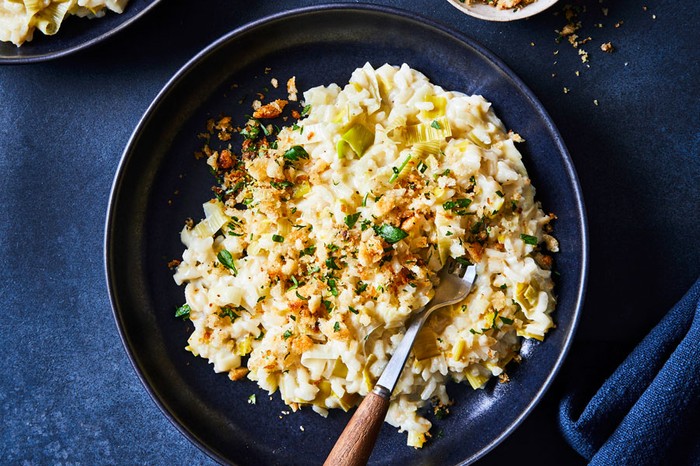 40 leek recipes Leek risotto in a bowl topped with fried anchovy and breadcrumbs