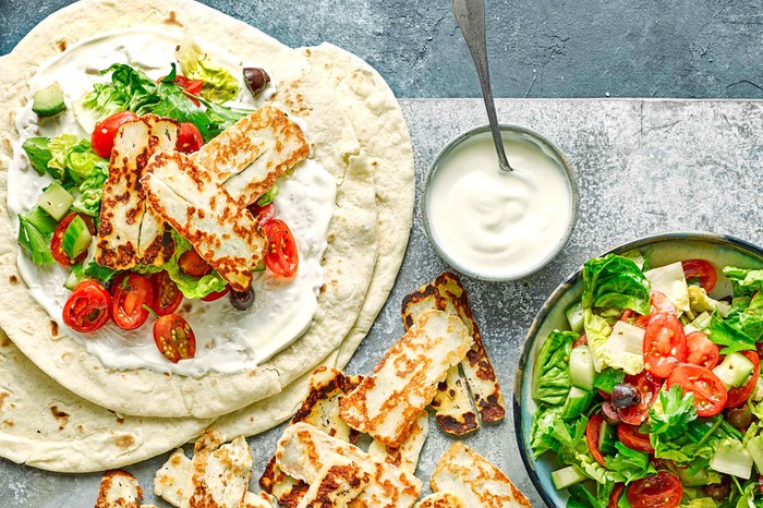 Healthy Lunch For Working From Home Halloumi Wraps With Greek Salad