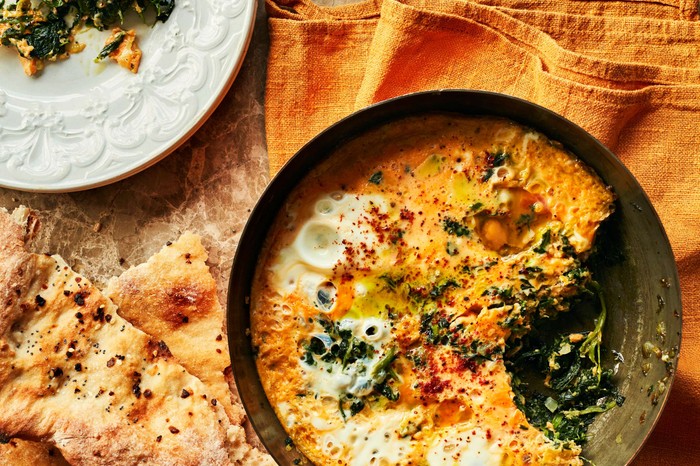 Azeri spinach and eggs with flatbreads on the side
