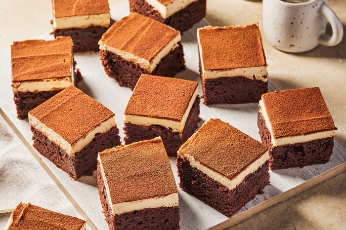 Tiramisu brownies Tiramisu brownies with a cup of coffee in the background