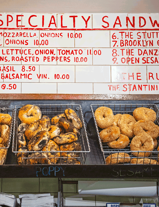 New York bagels on a shelf in a bakery in New York