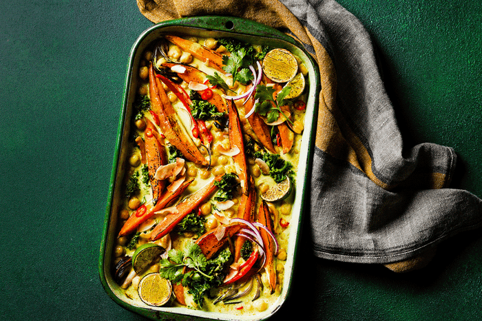 Sweet potato and coconut tray curry Sweet potato coconut tray bake curry in a baking dish